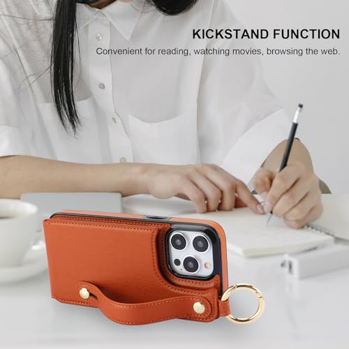 Folosu for iPhone 15 Pro Max Wallet Case with Card Holder, Hand Wrist Strap Loop Holder Kickstand, RFID Blocking Finger Grip Ring PU Leather Double Buttons Shockproof Cover 6.7" Brown - color: Brown