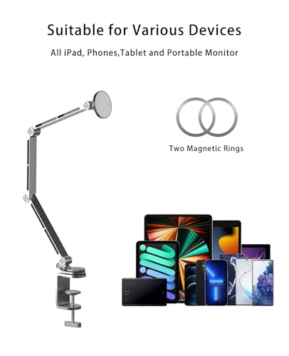 Magnetic Tablet Stand for Desk Aluminum Alloy Phone iPad Desk Holder Overhead Arm Mount with 360°Rotate Base for Magsafe/iPhone/Android/iPad (Magnetic Gray) - color: Magnetic Gray