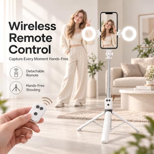 White Phone Tripod with Light, 67 in Selfie Stick for iPhone with Remote - color: White