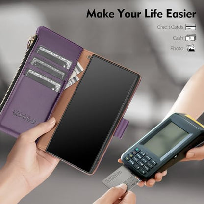Shieldtop Compatible with Samsung Galaxy S23 Ultra 5G Wallet Case with Card Holder,Women Men RFID Blocking PU Leather Phone Case Flip Protective Cover Wrist Strap Zipper Credit Card Slots,Dark Purple - color: Dark Purple, size: Galaxy S23 Ultra - 6.8"