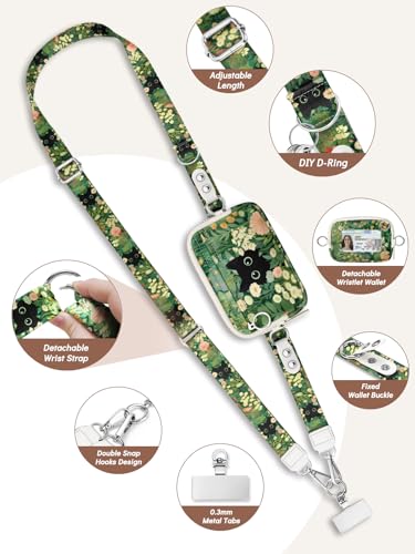 Clip and Go Strap for Phone with Wallet Crossbody Lanyard Leaf Cat - color: Cats Leaf