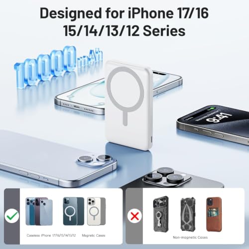 AOGUERBE for MagSafe Portable Charger, 10000mAh Magnetic Charger for iPhone - color: Polar White