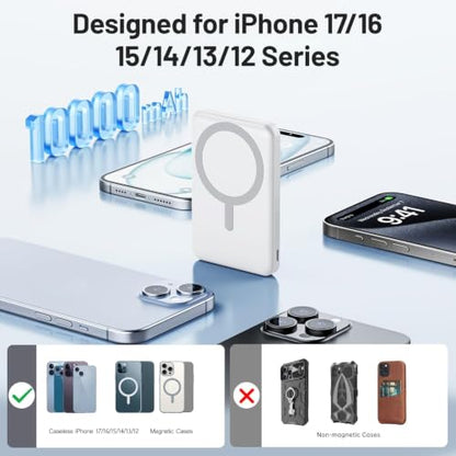AOGUERBE for MagSafe Portable Charger, 10000mAh Magnetic Charger for iPhone - color: Polar White
