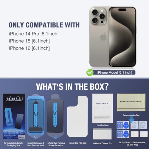 2-Pack Privacy Screen Protector for iPhone 14 Pro and iPhone 16 and iPhone 15 6.1-Inch, 9H Tempered Glass, Full Coverage, Anti-Fingerprint, Auto Dust-Elimination, No Bubble, Easy Installation - size: for iPhone 14 Pro / iPhon 15 / iPhon 16