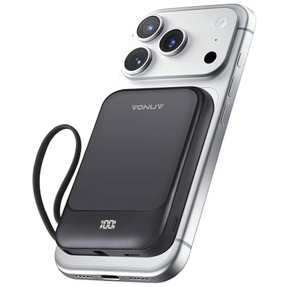 Magnetic Power Bank 10000mAh, Wireless Portable Charger with 15W Max Fast Charging & Built-in USB-C Cable, 22.5W PD LED Display Battery Pack Compatible with iPhone 17/16/15, Samsung Galaxy - color: Black