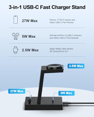 30W Fast 3 in 1 Charging Station for Apple Devices - ADADPU USB C Charger Stand for iPhone 18 Pro Max 17 16 15 & AirPods 4, Wireless Charger Dock Compatible with Apple Watch Ultra/10/9/8/7/6/5/4/3/SE - color: Classic Black
