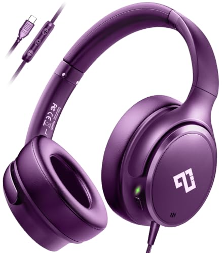 USB C Headphones Wired Active Noise Cancelling 28dB Over Ear-Purple - color: Purple