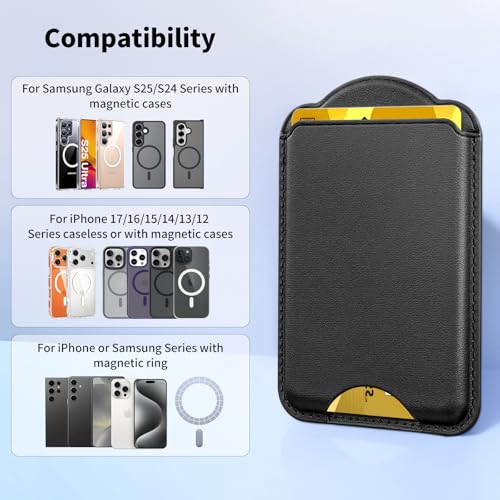 Magnetic Wallet for Samsung Galaxy S26 S25 S24 Series, Fold 8 Ultra with Magsafe Case, for iPhone 17-12 Series, RFID Blocking Leather Magnetic Card Holder | Holds 3 Cards | Black - color: Black