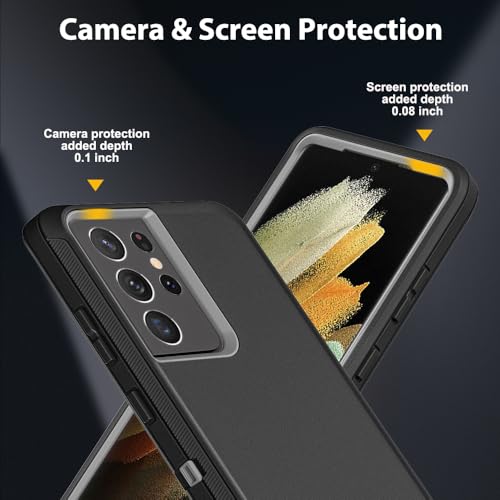 for Samsung Galaxy S21 Ultra Case with 2Pcs Self Healing Flexible TPU Screen Protector & Camera Lens Protector, 3 in 1 Heavy Duty Shockproof/Drop Proof/Dust Proof Case (Black/Grey) - color: Black/Grey