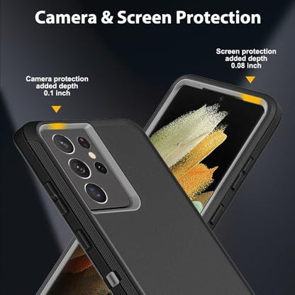 for Samsung Galaxy S21 Ultra Case with 2Pcs Self Healing Flexible TPU Screen Protector & Camera Lens Protector, 3 in 1 Heavy Duty Shockproof/Drop Proof/Dust Proof Case (Black/Grey) - color: Black/Grey