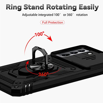 for Samsung Galaxy S22 Case with Camera Lens Cover HD Screen Protector, Dual Layer Military-Grade Drop Tested Magnetic Ring Holder Kickstand Protective Phone Case for Samsung Galaxy S22 5G (Black) - color: Black with camera cover Military-Grade 2nd gen