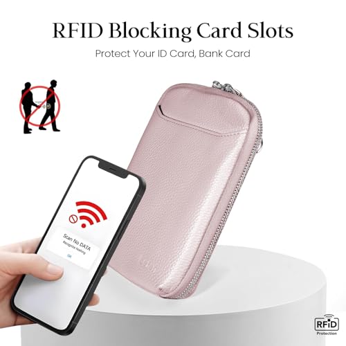 befen Genuine Leather Crossbody Cell Phone Purse for Women, Small Zip Around RFID Blocking Crossbody Wallet Bags - color: Blush Pink