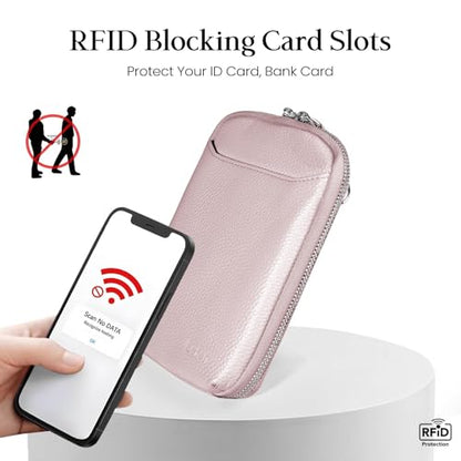 befen Genuine Leather Crossbody Cell Phone Purse for Women, Small Zip Around RFID Blocking Crossbody Wallet Bags - color: Blush Pink