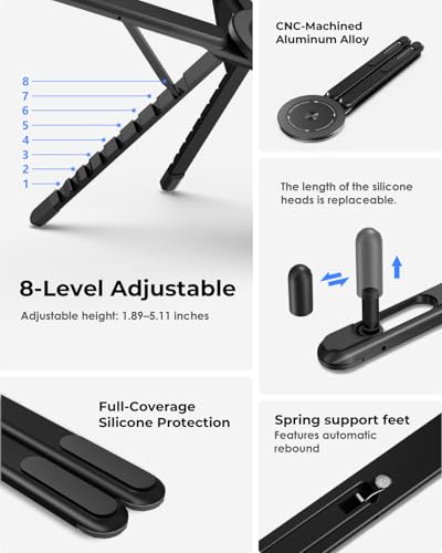 Viozon Portable Laptop Stand for Desk, Foldable Adjustable Computer Riser with Magnetic Phone Holder, Aluminum Laptop Stand for 10–16” Laptops & 4–13” Phones/Tablets (b) - color: Black
