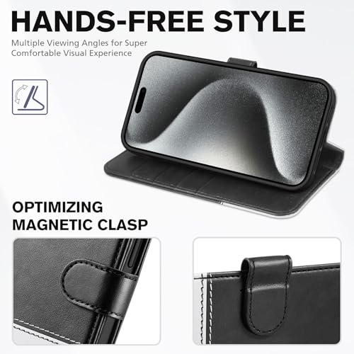 TUCCH Wallet Case for iPhone 15 Pro Max (6.7"), Flip Stand, Black & White | RFID Blocking, 4 Card Holders, Kickstand, PU Leather, Shockproof TPU Shell, Magnetic Closure, Protective Folio Cover - color: Black & White