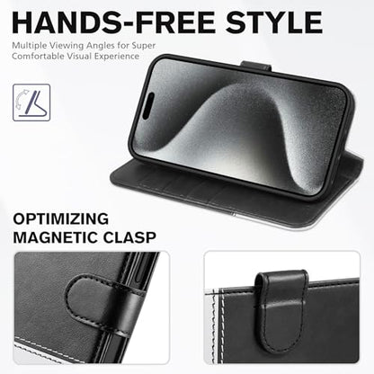 TUCCH Wallet Case for iPhone 15 Pro Max (6.7"), Flip Stand, Black & White | RFID Blocking, 4 Card Holders, Kickstand, PU Leather, Shockproof TPU Shell, Magnetic Closure, Protective Folio Cover - color: Black & White
