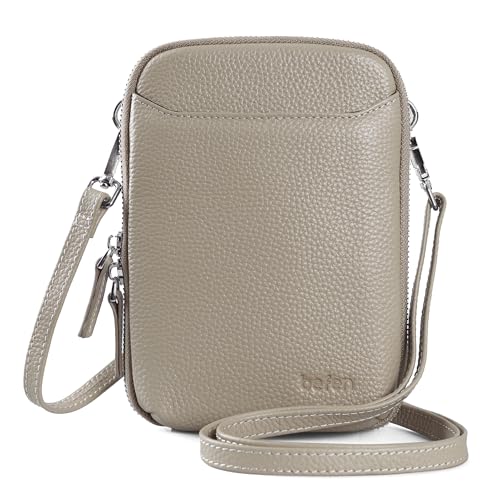 befen Genuine Leather Crossbody Cell Phone Purse for Women, Small Zip Around RFID Blocking Crossbody Wallet Bags - color: Milk Tea Gray