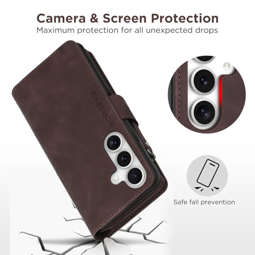 for Samsung Galaxy S24-FE-Wallet Case: with RFID Blocking Card Slots (6 Cards) | Soft PU Leather Magnetic Snap Zipper Pocket | Crossbody Wrist Strap Protective Phone Cover - Coffee - color: Coffee, size: Galaxy S24 FE（6.7‘’）