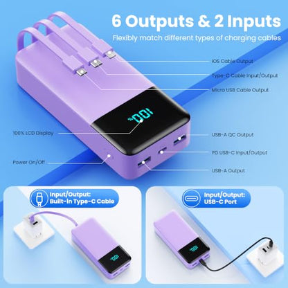 Portable Charger 50800mAh Power Bank with 3 Built in Cables,25W PD QC4.0 Fast Charging USB C Battery Pack,6 Outputs 2 Inputs Travel Essentials Phone Charger for iPhone 18/17/16/15/Pro,Android,Purple - color: Purple