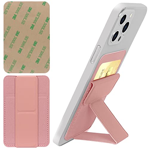 WWW Card Holder with Stand for Back of Phone,Secure Stick on Wallet,PU Leather Credit Cards Holder for Cell Phone with 3M Adhesive Sticker for Smart Phones,Pink