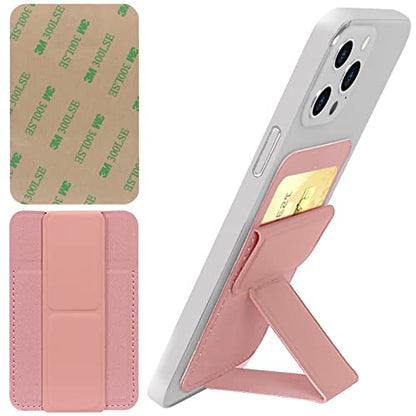 WWW Card Holder with Stand for Back of Phone,Secure Stick on Wallet,PU Leather Credit Cards Holder for Cell Phone with 3M Adhesive Sticker for Smart Phones,Pink