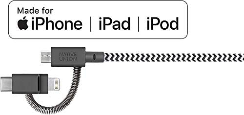Native Union Belt Cable Universal - 6.5ft Ultra-Strong Reinforced [MFi Certified] Durable Charging Cable with 3-in-1 Adaptor for Lightning, USB-C and Micro-USB Devices (Zebra) - color: Zebra