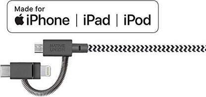 Native Union Belt Cable Universal - 6.5ft Ultra-Strong Reinforced [MFi Certified] Durable Charging Cable with 3-in-1 Adaptor for Lightning, USB-C and Micro-USB Devices (Zebra) - color: Zebra