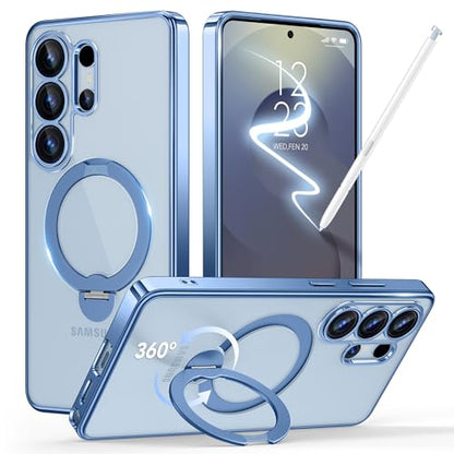 GolbinBox Magnetic for Samsung Galaxy S26 Ultra Case with 360° Spin Stand,[Compatible with MagSafe][Military Drop Protection] Shockproof Phone Cover for AI Galaxy S26 Ultra with Kickstand(Blue/Clear) - color: Blue/Clear