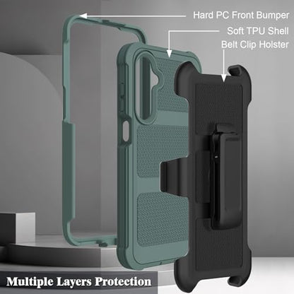 for Samsung Galaxy A16 5G Case with 2 Pack Tempered Glass Screen Protector, [Holster Series] Belt Clip Hard Tough Heavy Duty Rugged Shockproof Protective Cell Phone Case (Dark Green) - color: Dark Green
