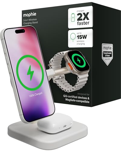 Mophie 3-in-1 Wireless Charging Stand - Qi2-Certified w/Up to 15W Power - color: White, size: 3-in-1 Charging Stand