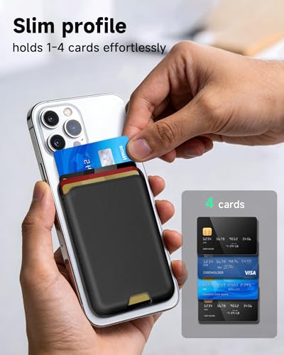 Magnetic Wallet Card Holder Compatible with iPhone 17 16 15 14 13 12 Pro Max Plus, Strong N52 Magnet Phone Wallet with RFID Blocking, Slim Vegan Leather Stick on Pocket for Daily Minimalist, Black