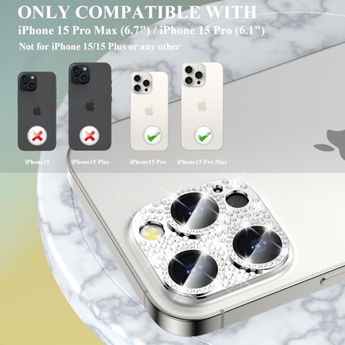 Bling Diamond Camera Lens Protector Cover Compatible for 15 Pro/15 Pro Max Full Coverage Camera Cover Screen Protector[Update] Shatter/Scratch-Resistant Ultra HD/Thin - Silver Diamond