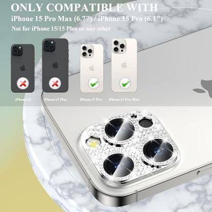 Bling Diamond Camera Lens Protector Cover Compatible for 15 Pro/15 Pro Max Full Coverage Camera Cover Screen Protector[Update] Shatter/Scratch-Resistant Ultra HD/Thin - Silver Diamond