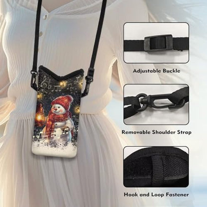 Christmas Snowflake Snowman Print Universal Neoprene Cell Phone Pouch 4 x 8 inch Mobile Protection Case Bag with Crossbody Strap/Neck Lanyard - color: Christmas Snowflake Snowman Print