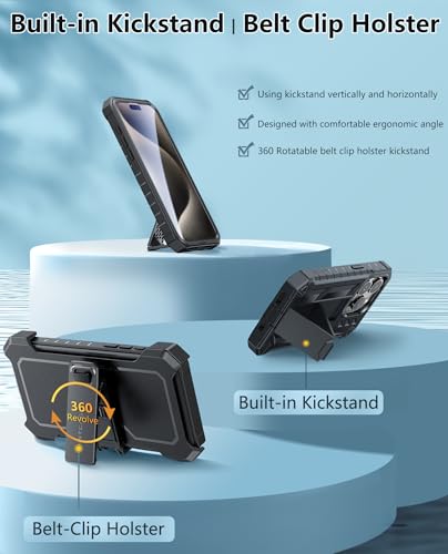 FNTCASE for iPhone 15 Pro Case with Belt Clip, Rugged Kickstand | Built-in Screen Protector, Military-Grade Drop Protection, Heavy Duty Shockproof Holster Protective Cover - color: T-Black