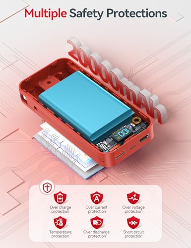 aonidi Portable Charger 20000mAh with Built-in Cables&AC Wall Plug, Red - color: Crimson