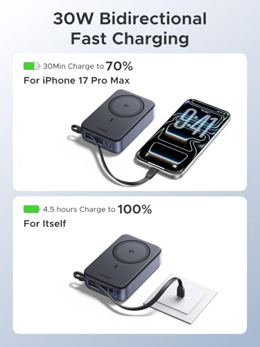 UGREEN 20000mAh Qi2 15W Power Bank, Built-in Cable PD 30W for iPhone 18 Pro