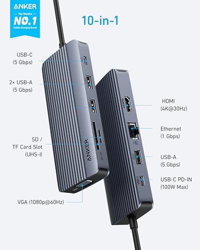 Anker USB-C Hub, 10-in-1 USB-C Hub, Dual-Display with 4K HDMI and 1080p VGA - style: 10-in-1【1 HDMI+1 VGA】