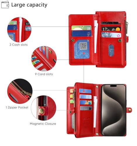 for iPhone 17 Pro Wallet Case, [Compatible with Magsafe] [Magnetic Detachable] [RFID Blocking] PU Leather Case with Card Holder & Crossbody Strap for Women Men, Red - color: Red