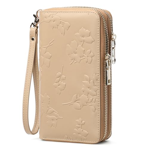 yiijay Womens Wallet RFID Blocking Large Capacity Vegan Leather Double Zip Wristlet Wallet Card Holder Travel Ladies Clutch - color: Khaki