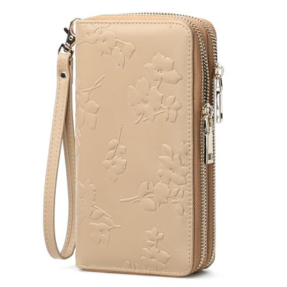 yiijay Womens Wallet RFID Blocking Large Capacity Vegan Leather Double Zip Wristlet Wallet Card Holder Travel Ladies Clutch - color: Khaki