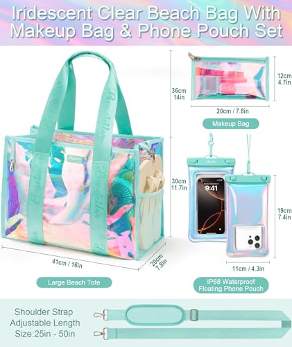 Bagstellar Iridescent Beach Bag, Jelly Tote Bag with Phone Pouch Makeup Bag | Large Beach Bags Waterproof Sandproof, Zipper Beach Tote Clear Pool Swim Boat Bag for Women Summer Travel Cruise Essentials - color: Turquoise