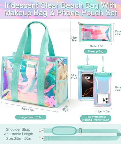 Bagstellar Iridescent Beach Bag, Jelly Tote Bag with Phone Pouch Makeup Bag | Large Beach Bags Waterproof Sandproof, Zipper Beach Tote Clear Pool Swim Boat Bag for Women Summer Travel Cruise Essentials - color: Turquoise
