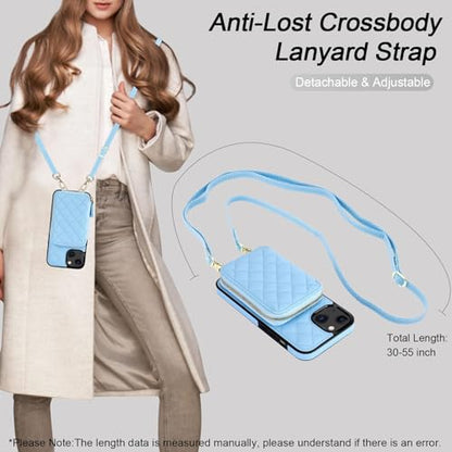 Bocasal Crossbody Wallet Case Card Holder for iPhone 13, Light Blue | RFID Blocking PU Leather Zipper Handbag Purse, Kickstand Flip Folio Case with Card Slots Holder Wrist Strap Lanyard 6.1 Inch - color: Blue