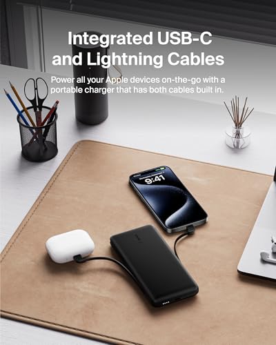 Belkin 10K 23W Portable Charger Power Bank, Integrated USB C and LTG Cables - color: Black