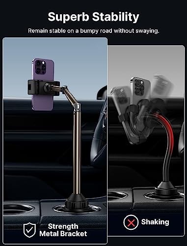 JSAUX Car Cup Holder Phone Mount, Metal Long Arm, Adjustable Base - color: ClipMount