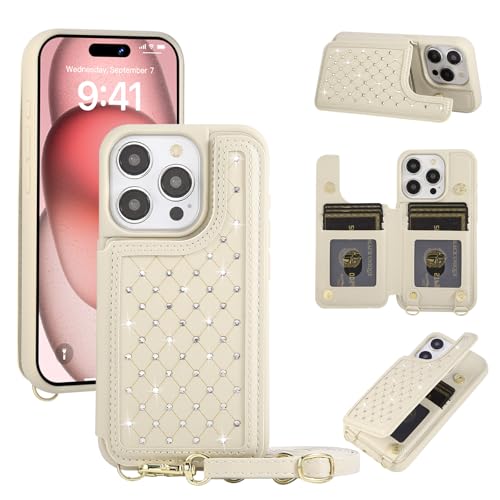 Crossbody Wallet Case for iPhone 12 Pro Max(6.7") with Detachable Strap - PU Leather Flip Folio with Card Slots & RFID Blocking, Sparkling Diamond Accents-Beige - color: Beige, size: iPhone 12 Pro Max(6.7")