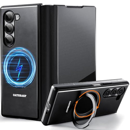 Case for Samsung Galaxy Z Fold 6,with MagSafe 360°Rotatable Magnetic Kickstand,Leather+Aluminum Metal Full Body Flip Phone Cover,Military Shockproof Grade Drop Proof for Galaxy Z Fold6(Black)