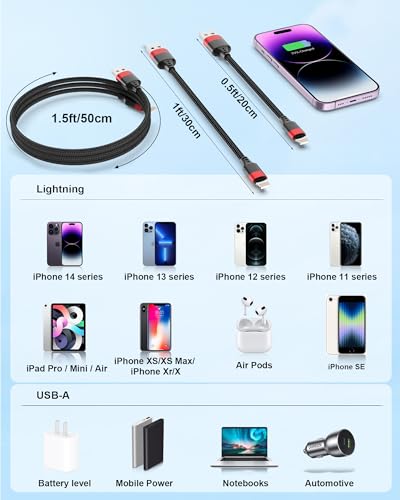 Bkduice 1ft Short iPhone Charger Cable, [MFi Certified] 2 Pack Short Lightning Cable, Braided 12 inch USB to Lightning Cord Fast Charging for iPhone 14 13 12 11 Pro Max XR XS 8 SE iPod - size: 1 foot