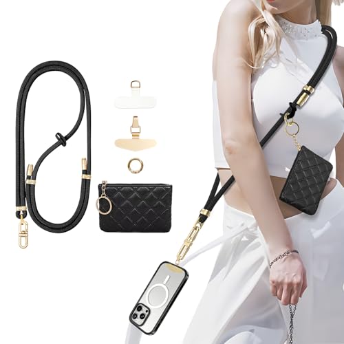 Phone Strap with Leather Zipper Pouch Bag, Hands-Free Phone Charm Holder Neck Strap Stylish Crossbody Adjustable Chain Lanyard with Wallet for All Phones